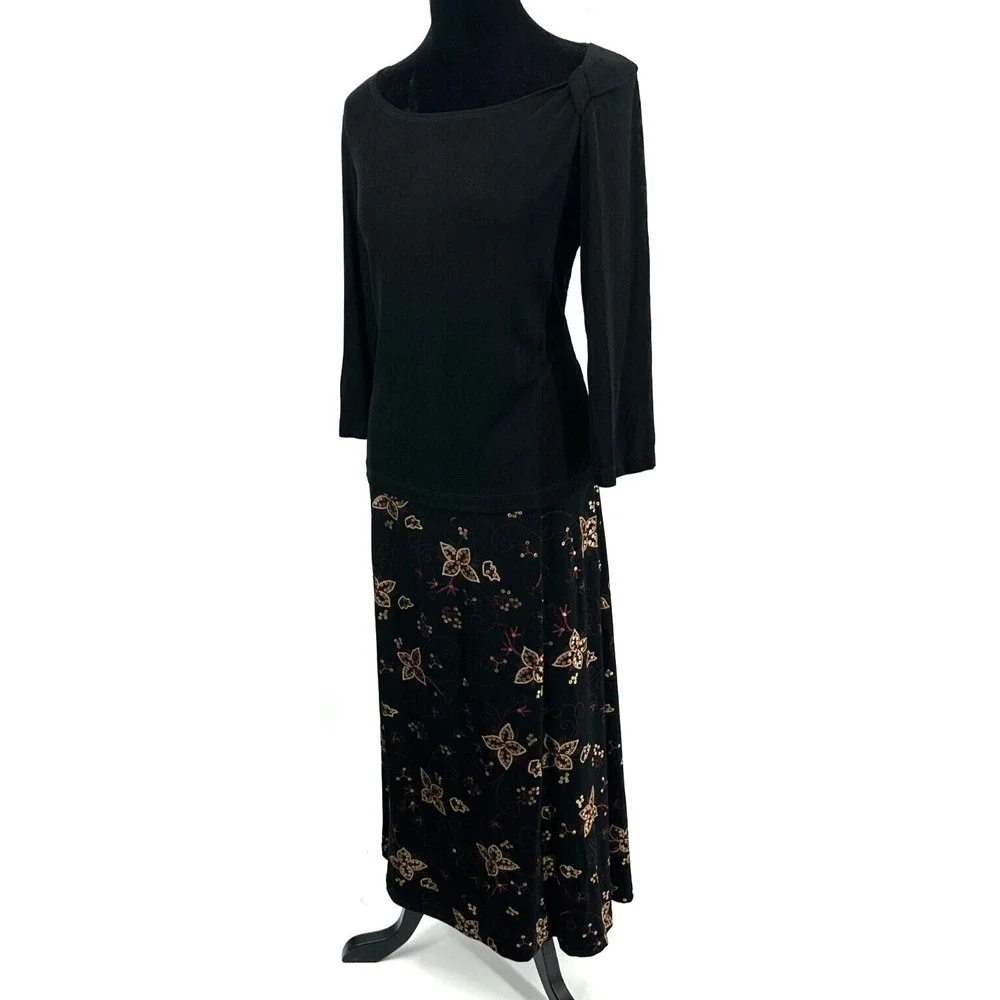 Christopher & Banks Womens Top Skirt Set Large Black Metallic Floral Travel Knit_3